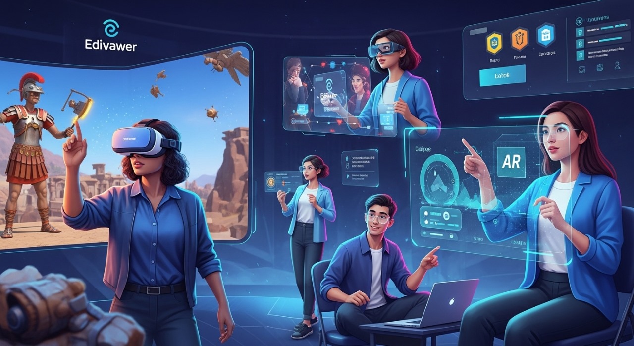 Group of users engaging in immersive VR/AR learning on the Edivawer platform, featuring simulations, AI analytics, and collaborative tools.