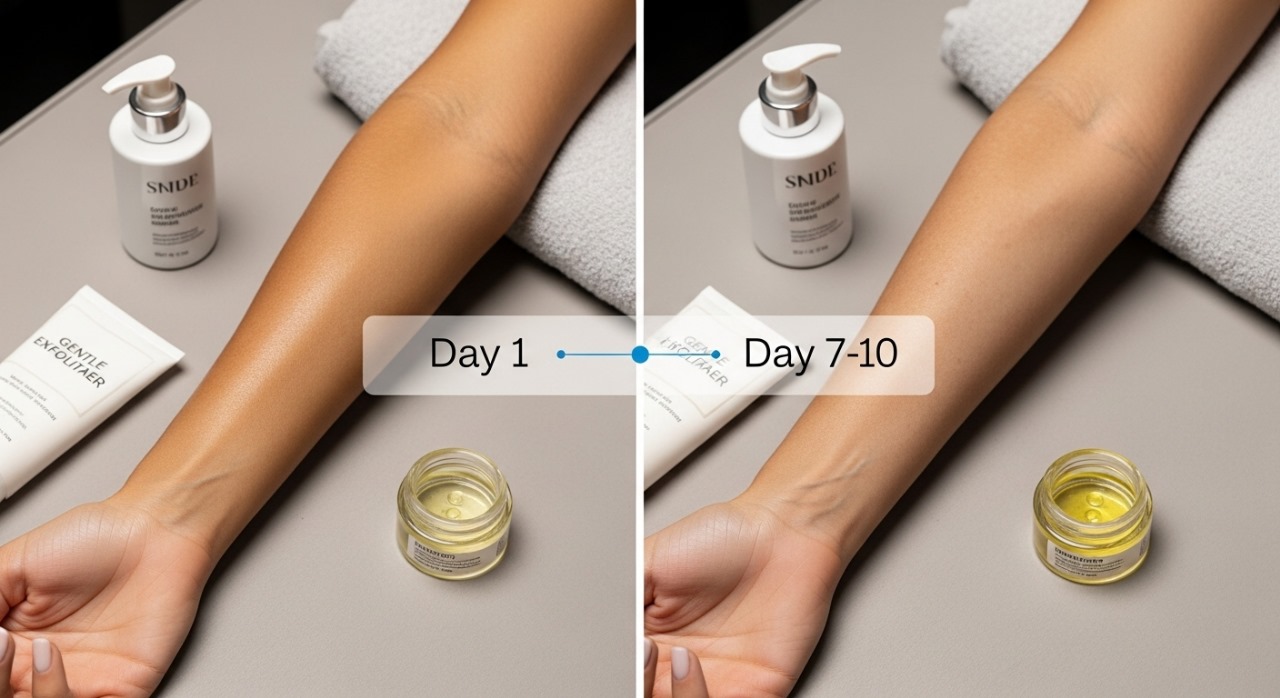 How long does a spray tan last: Close-up of glowing tanned skin with a timeline from fresh to faded, featuring spray tan maintenance tips and products for extended longevity.