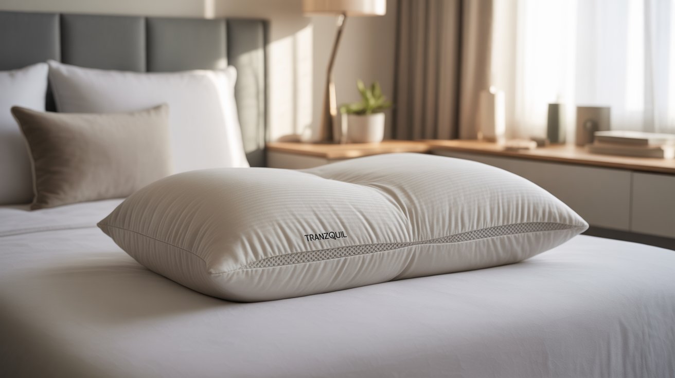 A premium Tranzzquil pillow with a white bamboo cover placed on a modern bed, showcasing its soft, breathable, and hypoallergenic design in a calming, minimalist bedroom setting.