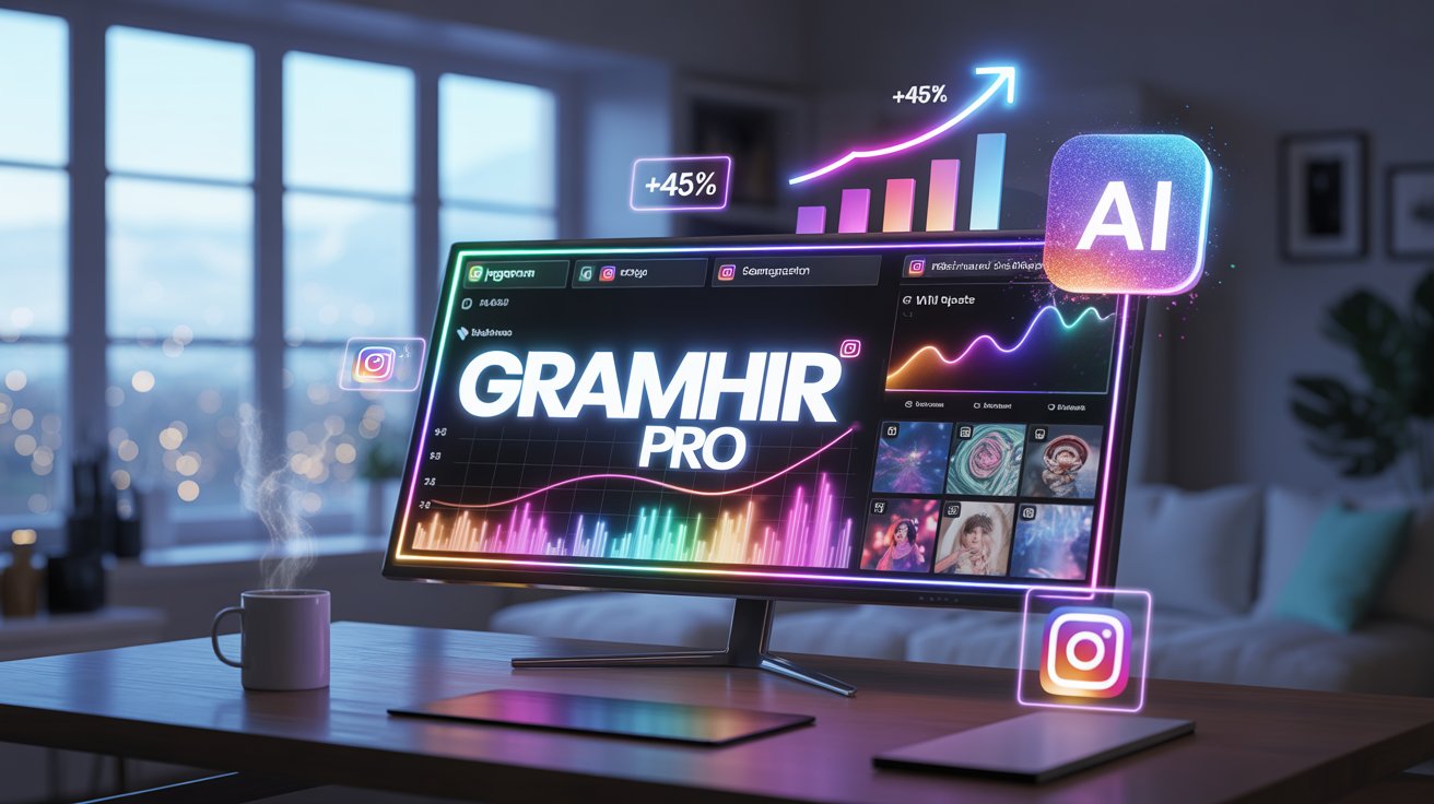 Gramhir Pro analytics dashboard on a modern monitor showing Instagram engagement metrics, AI image generator, and growth charts in a sleek nighttime home office setup.