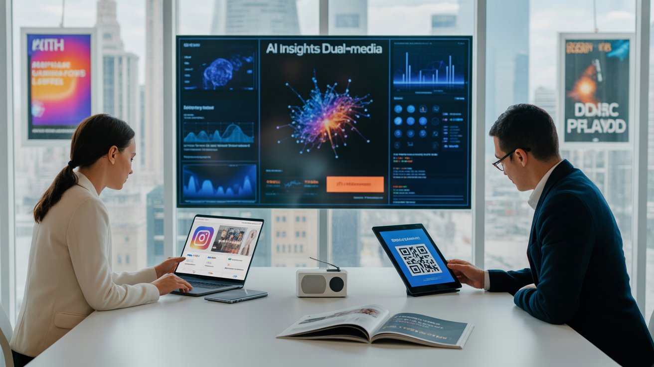 Team using AI insights dualmedia to connect digital ads on screen with print flyers and radio campaigns in a modern marketing office.