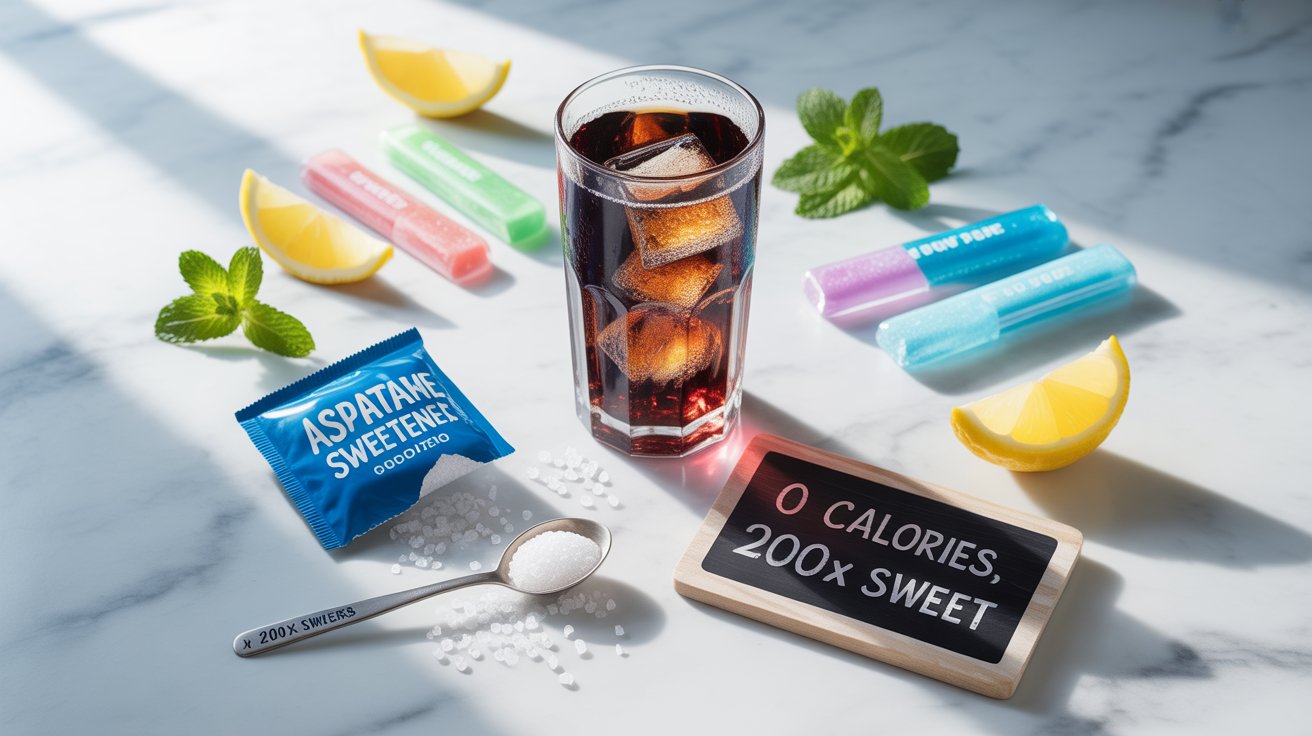 Glass of diet soda with aspartame sweetener packet, sugar-free gum, and 200x sweetness label on marble background – zero calorie sweet alternative